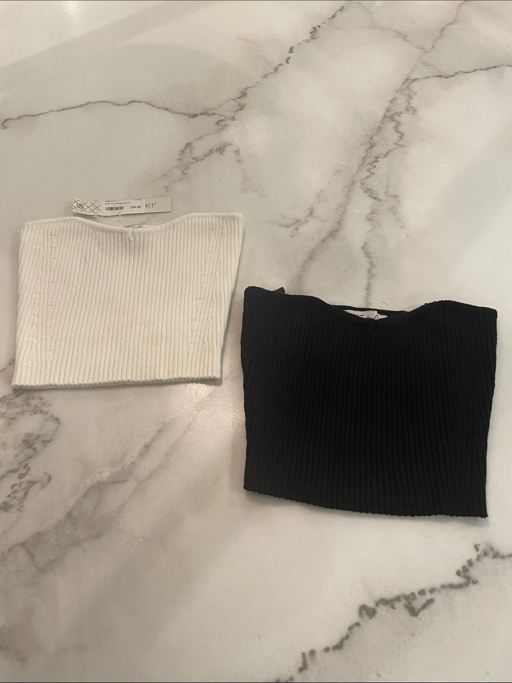 She + Sky Off-the-Shoulder Ribbed Sweater Tops in Black & White